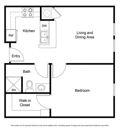 Floor plan for 1 bed, 1 bath, 623 sqft